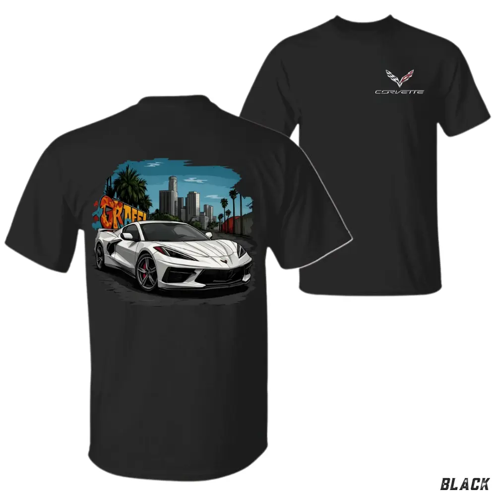 Corvette C8 T-Shirt, Chevrolet Corvette C8 Street Style Graphic Tee, Modern American Supercar Back Print Shirt, Urban Corvette Art Apparel, Gift for Corvette Lovers or Car Enthusiasts
