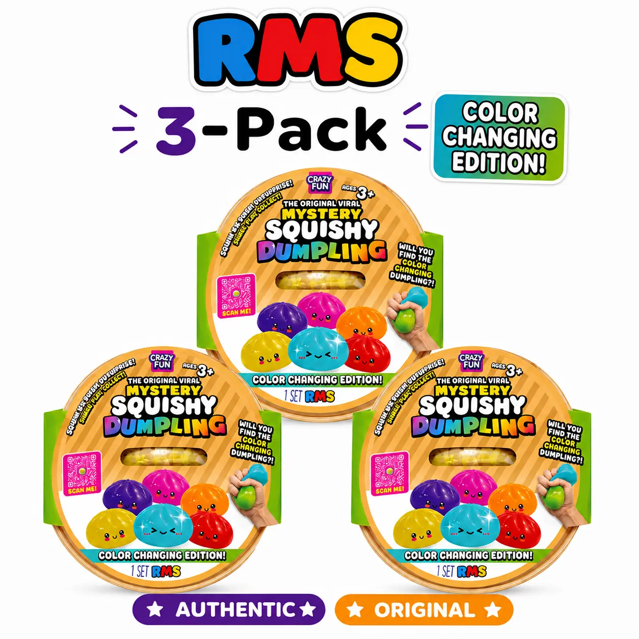 3-Pack Authentic RMS Color Changing Edition Mystery Dumpling Squishy Fidget Toys, Mystery Bao Buns in Sealed Steamer Baskets, Rare Color-Changing Style, Collectible Sensory Toys, Ages 3+