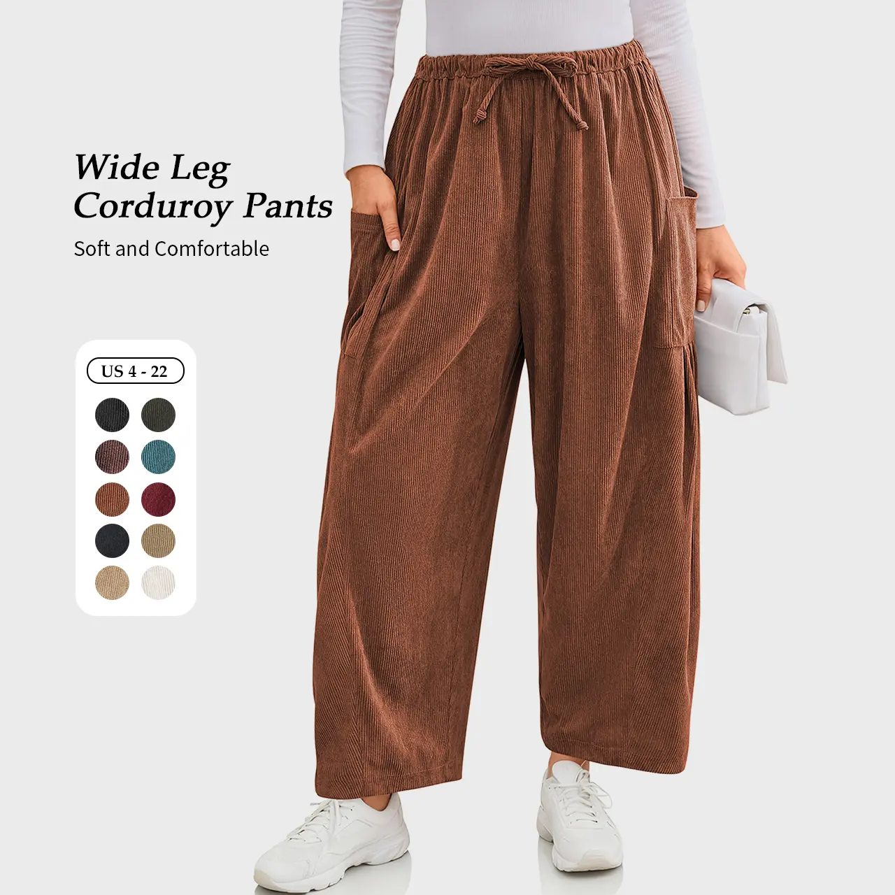 【NEW】TARSE Womens Corduroy Pants Wide Leg Palazzo Harem Pants Drawstring Casual Loose Barrel Work Trousers with Pockets Baggy Vintage Fall Winter Bottoms