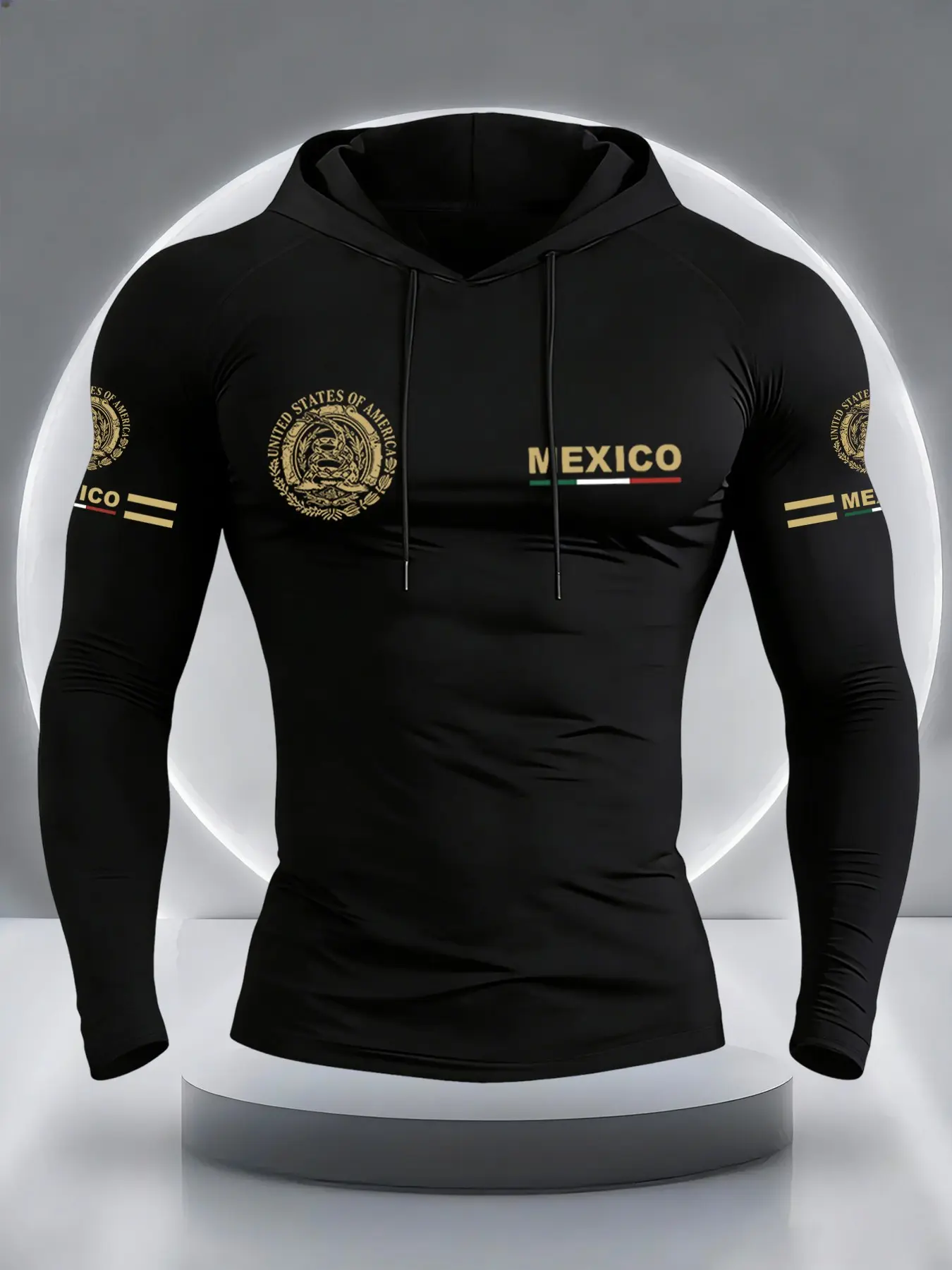 Men's Mexico Flag Eagle Print Hooded Long Sleeve T-Shirt, Comfortable Elastic Fabric, Casual Outdoor Fitness Sportswear, Casual Athletic Apparel, Casual Sports Tops, Athletic Clothes, Athletic Sports Clothing
