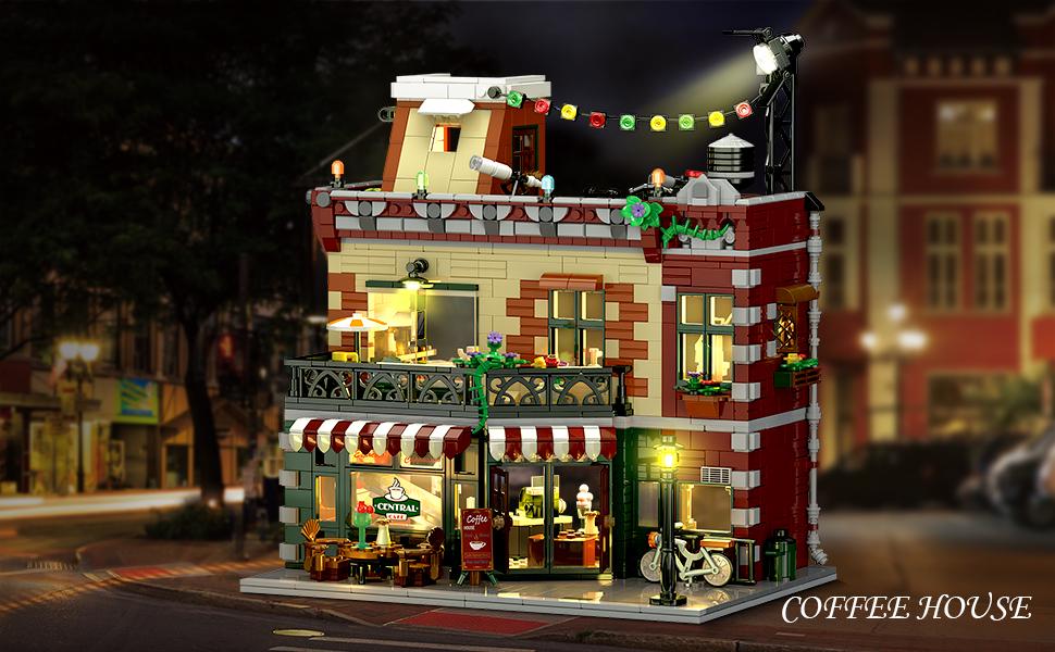 Coffee House Building Set with LED Light, 1589 PCS City Cafe Shop Building Block Toy with Stage Street Lights, Architecture Construction Model for Adults Teens Kids Ages 10 11 12+ Boys Girls Wooden Diy Kit