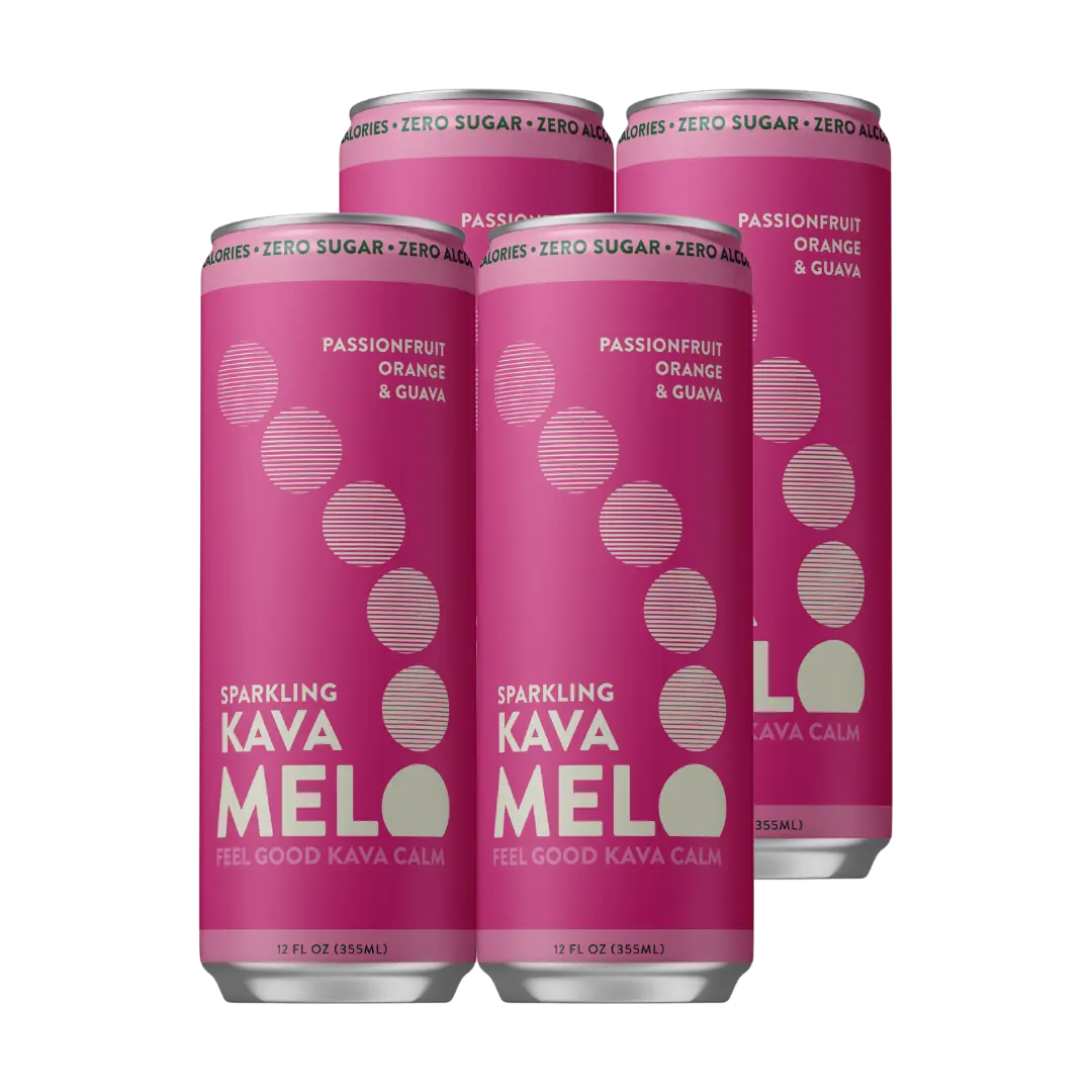 Melo 4pk Sparkling Kava Drink, Passionfruit, Orange & Guava, Sugar Free Non Alcoholic Drinks with Zero Calories, Gluten Free, Vegan, 100% Natural Mocktail with 750mg Kava Root per Drink, 12 oz Cans