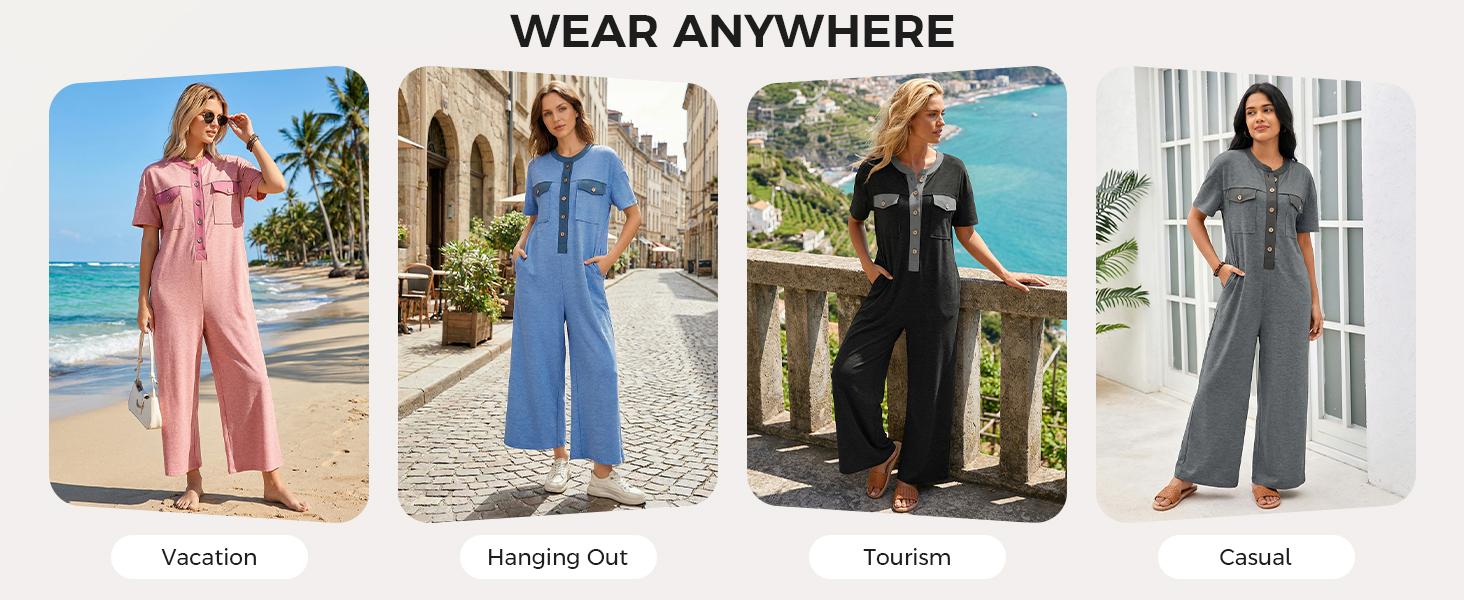 Fisoew Womens Casual Loose Jumpsuits Short Sleeve V-Neck Button Down One Piece Outfits Wide Leg Summer Long Pant Rompers with Pockets #Springtok #TikTokShopJumpstartSale