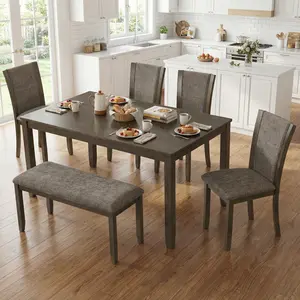 6-Piece Dining Table Set with Bench and Chairs, Wooden dining table set for 6 people, Farmhouse Rustic Style 6 Person Dining Table Set for Dining Room, Kitchen, Dark walnut