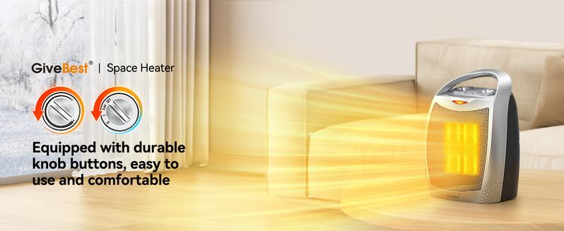 GiveBest Portable Electric Space Heater with Thermostat, 1500W/750W Safe and Quiet Ceramic Heater Fan, Heat Up 200 Square Feet for Office Room Desk Indoor Use