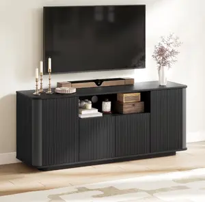 Fluted TV Stand for TVs up to 65", 55" Modern Media Console with 3-Sided Fluted Design, Push-to-Open Doors for Living Room, Black