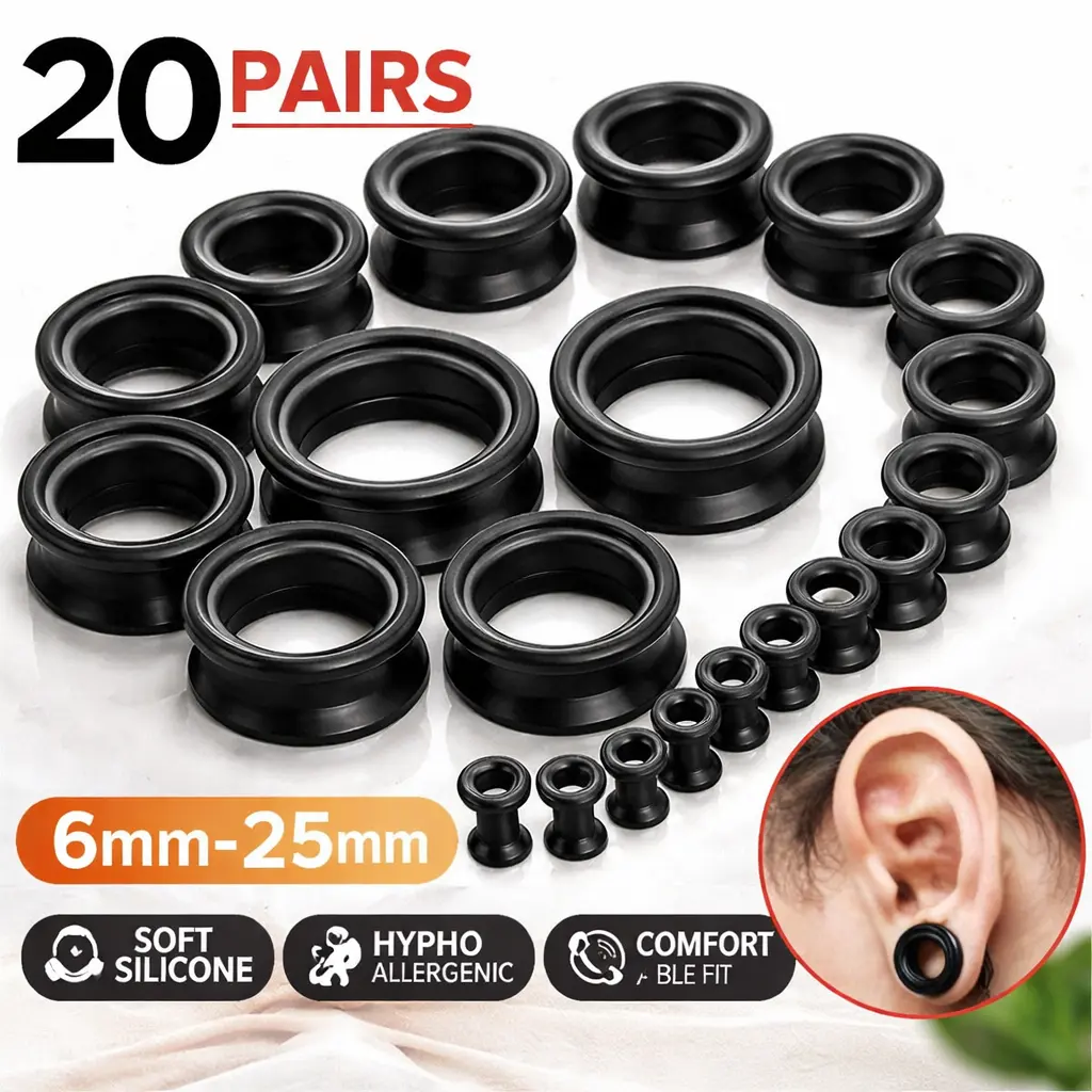 20 Pcs Unisex Silicone Ear Gauges Kit - 10 Sizes (2g to 1in) Flexible Skin Plugs, Hypoallergenic Ear Piercings Jewelry for Stretching, Sleep, Valentine, Anniversary Use, Everyday