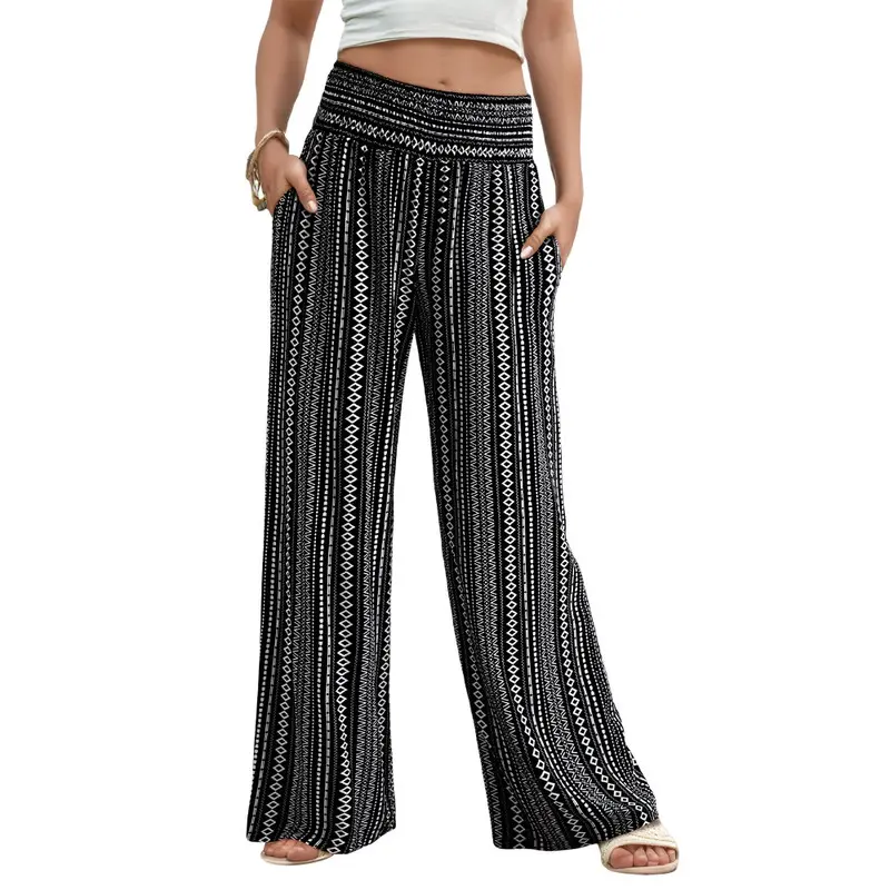 Dokotoo Women's Summer Boho Floral Bagyy Pants Wide Leg High Smocked Waist Casual Loose Palazzo Pants with Pocket