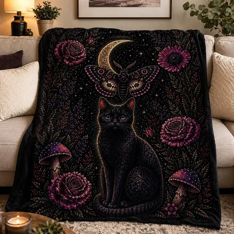 Black Cat Moon Blanket, Gothic Floral Throw Blanket, Dark Academia Decor,  Celestial Moth Blanket, Cozy Plush Throw, Dark Romance Reading Blanket Badass Alternative Bold edgy design for goth Harajuku, Gift Blanket Christmas and Halloween and Birthday