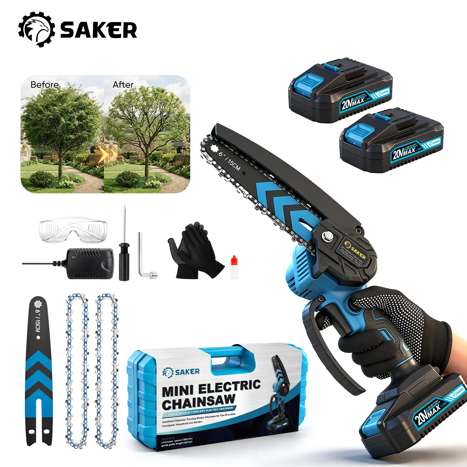 Saker 4/6-Inch Mini Chainsaw -3000mAh Long-Lasting Battery Power (2PCS), Upgraded Pure Copper Motor, One-Handed Electric Saw for Men & Women, Portable Wood Cutting Garden Tool Gifts