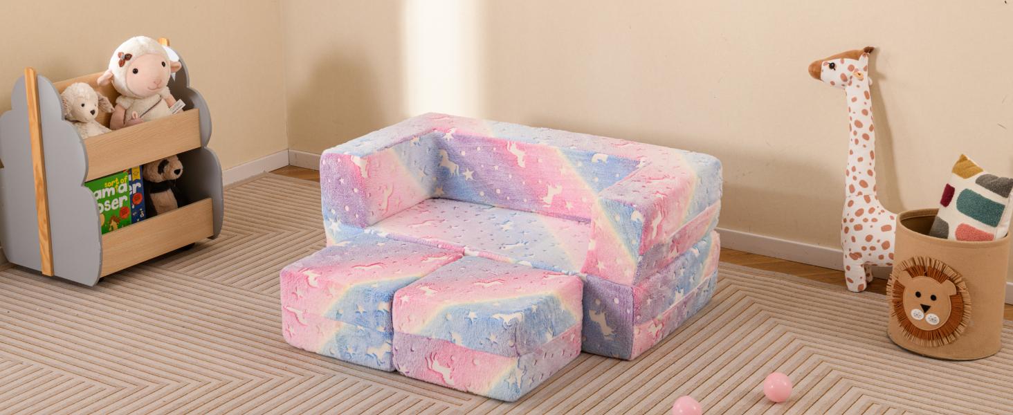 Costway Modular Play Couch, Glow in The Dark Fold Out Children Sofa Couch, Bedroom Playroom Furniture for Toddlers, Comfy Foam and Floor Cushion Gift for Boys Girls 3+