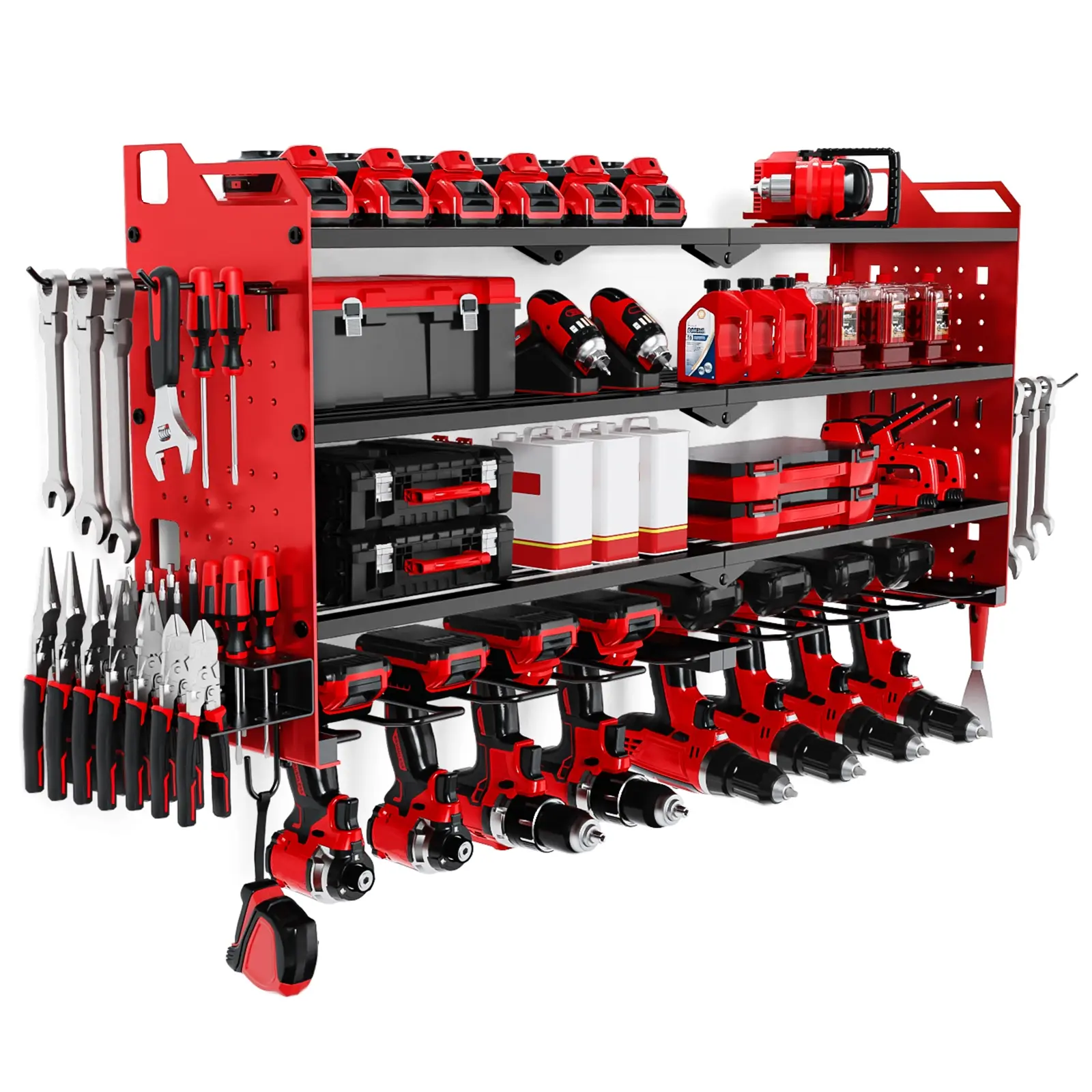 Wall-Mount Power Tool Organizer - 4-Layer Heavy-Duty Tool Storage Rack with 8 Cordless Drill Holders, Large Capacity