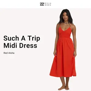 Billabong Women's V-Neck Easy Skirt Such A Trip Midi Dress, 100% Cotton, Smocked Bodice, Fitted Bodice