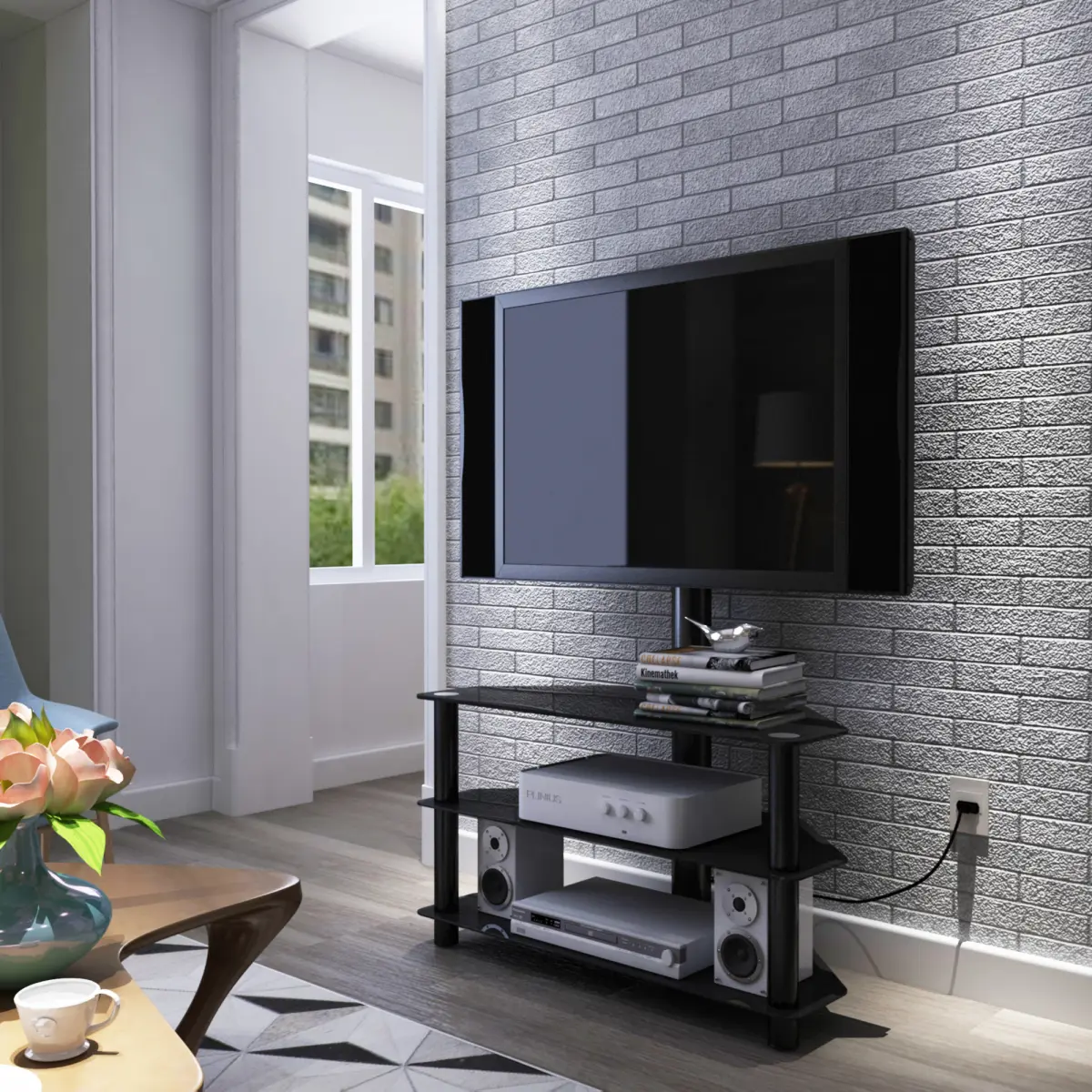 Black Rectangular 3-Tier Tempered Glass Rotating TV Stand for 32-65 Inch TVs, Apartment & Living Room Media Console with 45° Swivel Bracket, Height-Adjustable Aluminum Frame Tube, 110LBS Capacity, Quick Assembly, Tv Stand For Apartment