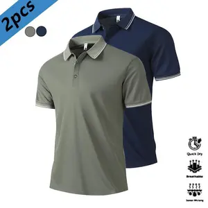 Men’s regular-fit solid-color polo shirt, two-pack short-sleeve collared tops with buttons, suitable for everyday commuting or outdoor activities like golf; casual and comfortable menswear.