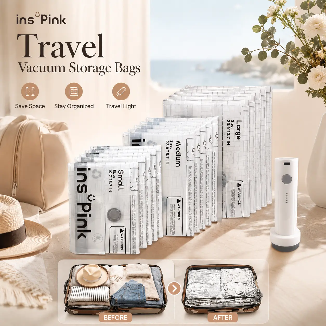 Inspink Cordless Vacuum Sealer Machine with 9/15 Bag Set, 25W Rechargeable USB-Powered Home Storage Saver, Space-Saving Organizer for Travel Clothes, Fits More in Carry-On Bags, Father’s Day Gift