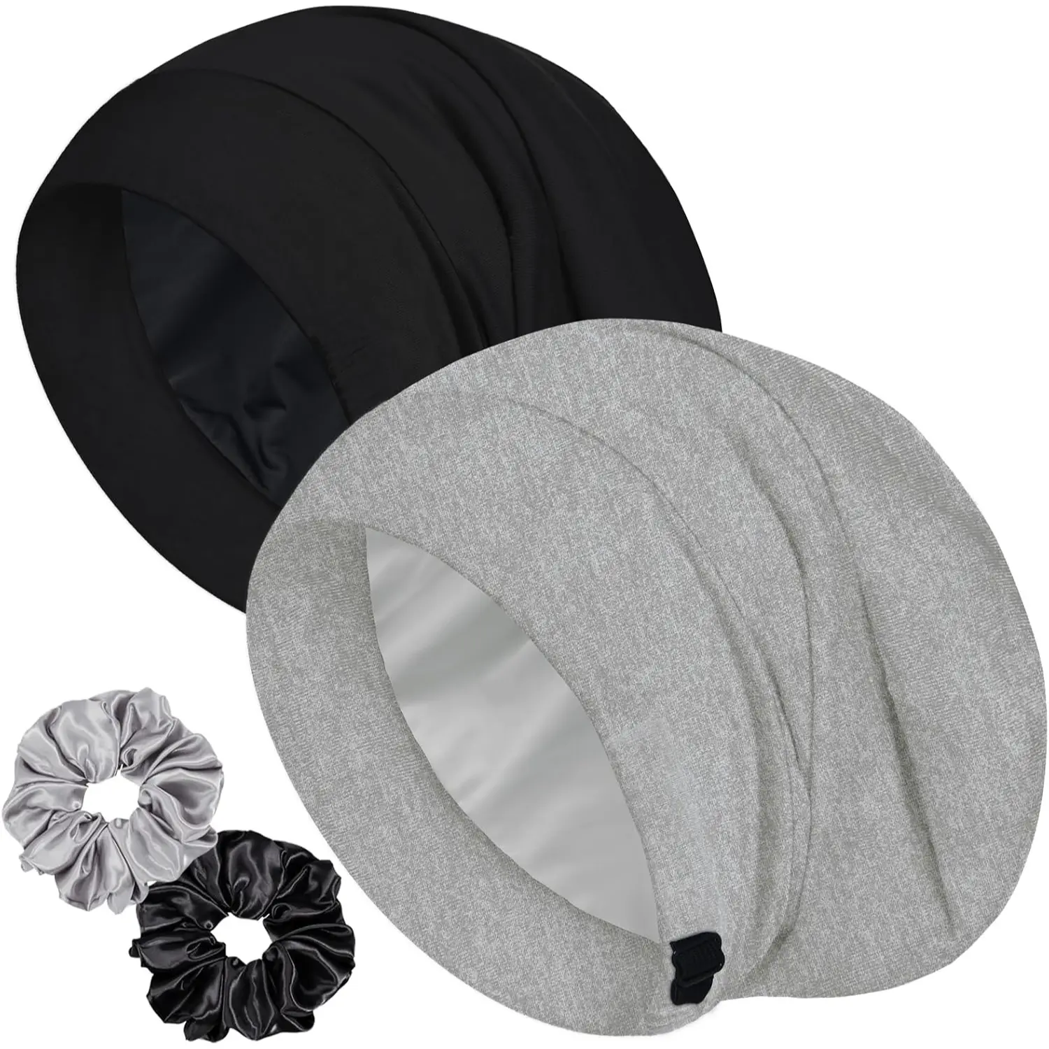 2 Pack Double Layer Satin Bonnet Sleep Cap Cooling Lined Hair Bonnet with Scrunchies