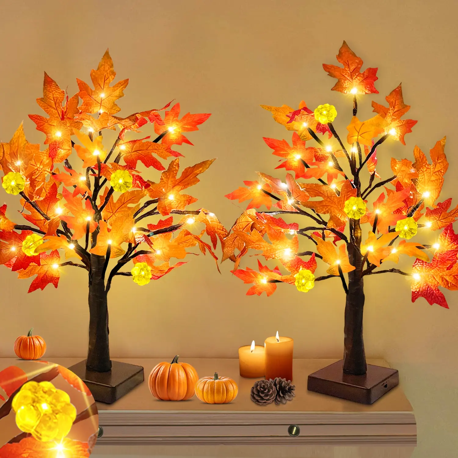 Fall Decor -  2 Pack 18 Inch Prelit Maple Trees with 48 LEDs & Timer, Battery Operated Pumpkin Lights, Cozy Fall Decor for Table Mantle Thanksgiving Halloween Indoor Outdoor