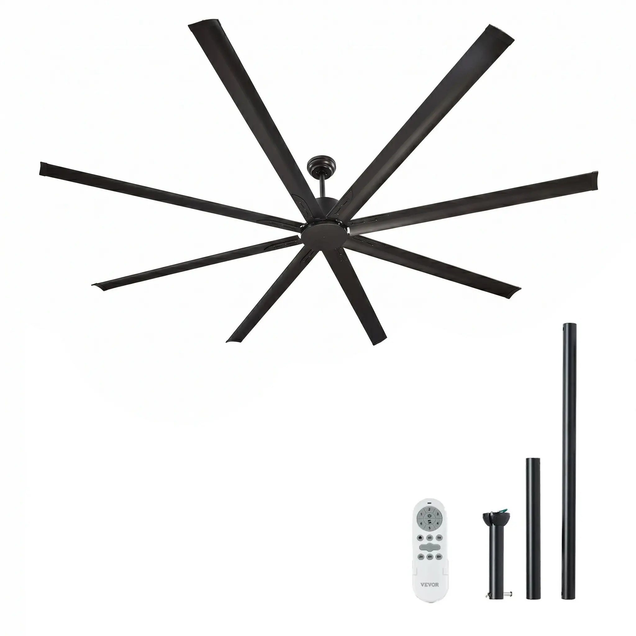 VEVOR Low Profile Flush Mount Ceiling Fan, 96/84 in Sizes, 8-Blade Design, 6-Speed Remote Set, Aluminum Blades, Energy-Efficient Reversible DC Motor, Heat Reduction, 3-Sized Downrods, Black/Silver, for Bedroom, Patio, 6Speed Remote Set
