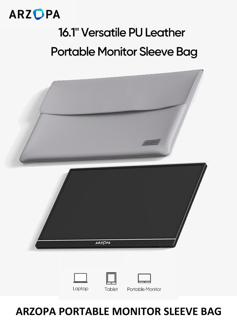ARZOPA Portable Monitor Sleeve Bag PU Leather Case for Travel Gray Water-resistant Lightweight Slim Compatible with Portable Monitor Laptop Tight Closure