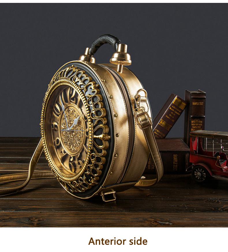 Ladies' Retro Roman Digital Clock Face Crossbody Bag with Adjustable Straps Golden Hardware Zipper Closure Bell-shaped Design Large Dial Black Hands Casual Flap Pocket