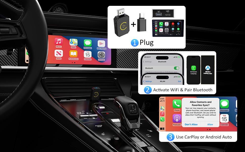 Apple 2 in 1 Wireless CarPlay Adapter for Apple & Android, Automotive Bluetooth Compact Dongle, Convert Wired to Wireless