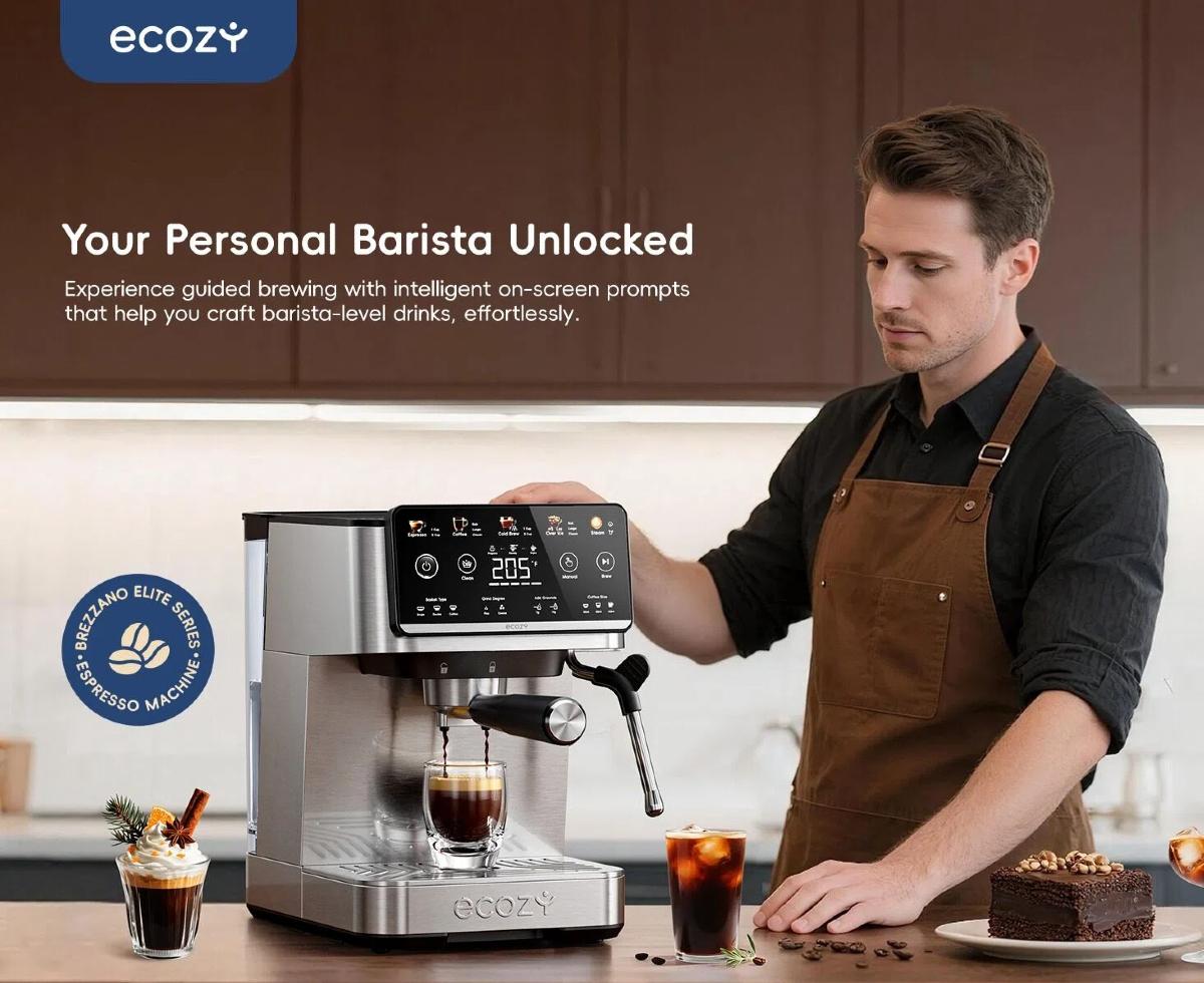 ecozy 4-in-1 Espresso Machine, Drip Coffee, Cold Brew and Over lce Machine with Touch Screen, Milk Frother Steam Wand, Stainless Steel, Coffee Maker for Cappuccinos, Lattes, Americanos ecozy 4-in-1 Espresso Machine, Drip Coffee, Cold Brew and Over lce Machine with Touch Screen, Milk Frother Steam Wand, Stainless Steel, Coffee Maker for Cappuccinos, Lattes, Americanos