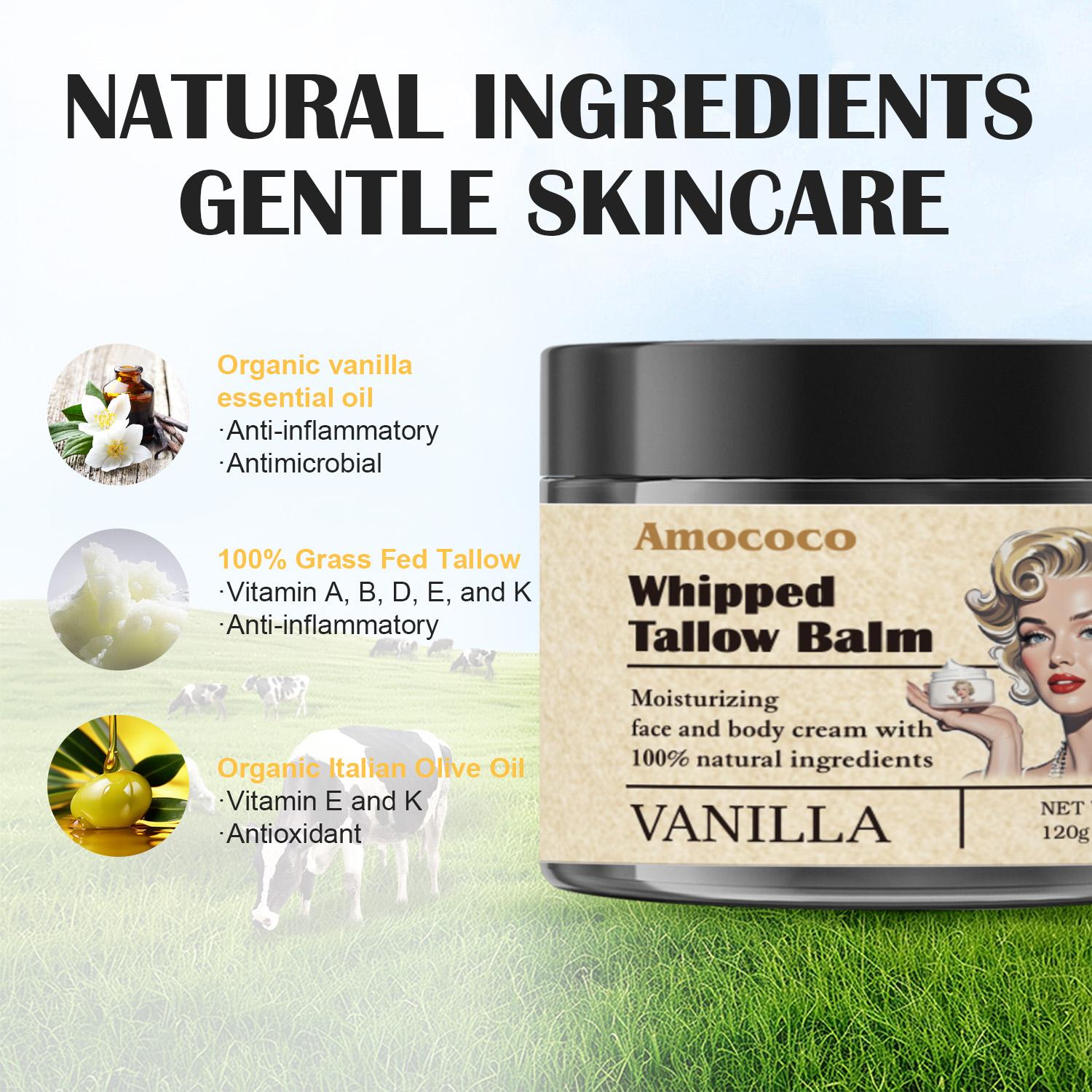 Tallow Cream 100% Natural Moisturizing Face and Body Cream That Soothes, Nourishes, Firms and Hydrates The Skin With Lavender and Vanilla Scents in Vintage Packaging.