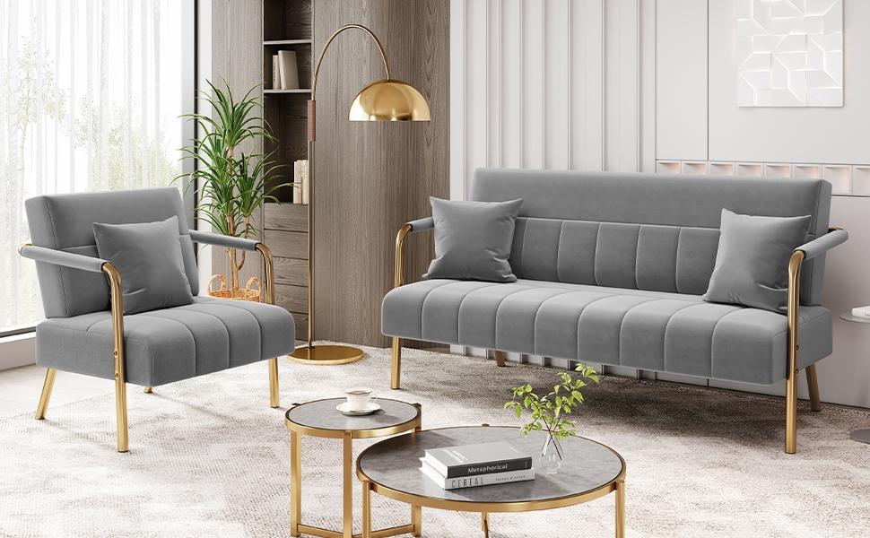 Yaheetech Velvet Accent Armchair with Cozy Pillow, 30″ W Oversized Lounge Chair with Gold Metal Frame for Living Room Bedroom Office