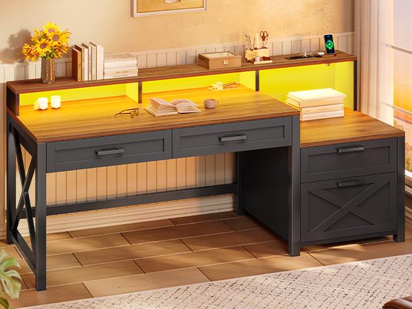 SEDETA 55 Inch Farmhouse Computer Desk with 4 Drawers Power Outlet Gaming Desk with Led Lights Storage Shelves Printer Cabinet