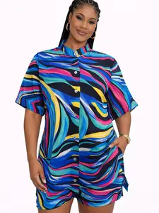 JANE Vibrant Wave Silk Print Button-Up Shirt, and Short Pants