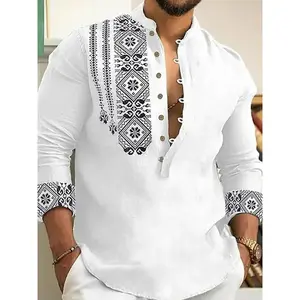 Men's Ethnic Pattern Half Button Shirt, Regular Fit Boho Fashion Long Sleeve Top for Spring & Fall, Men's Clothes for Daily WearQkYY