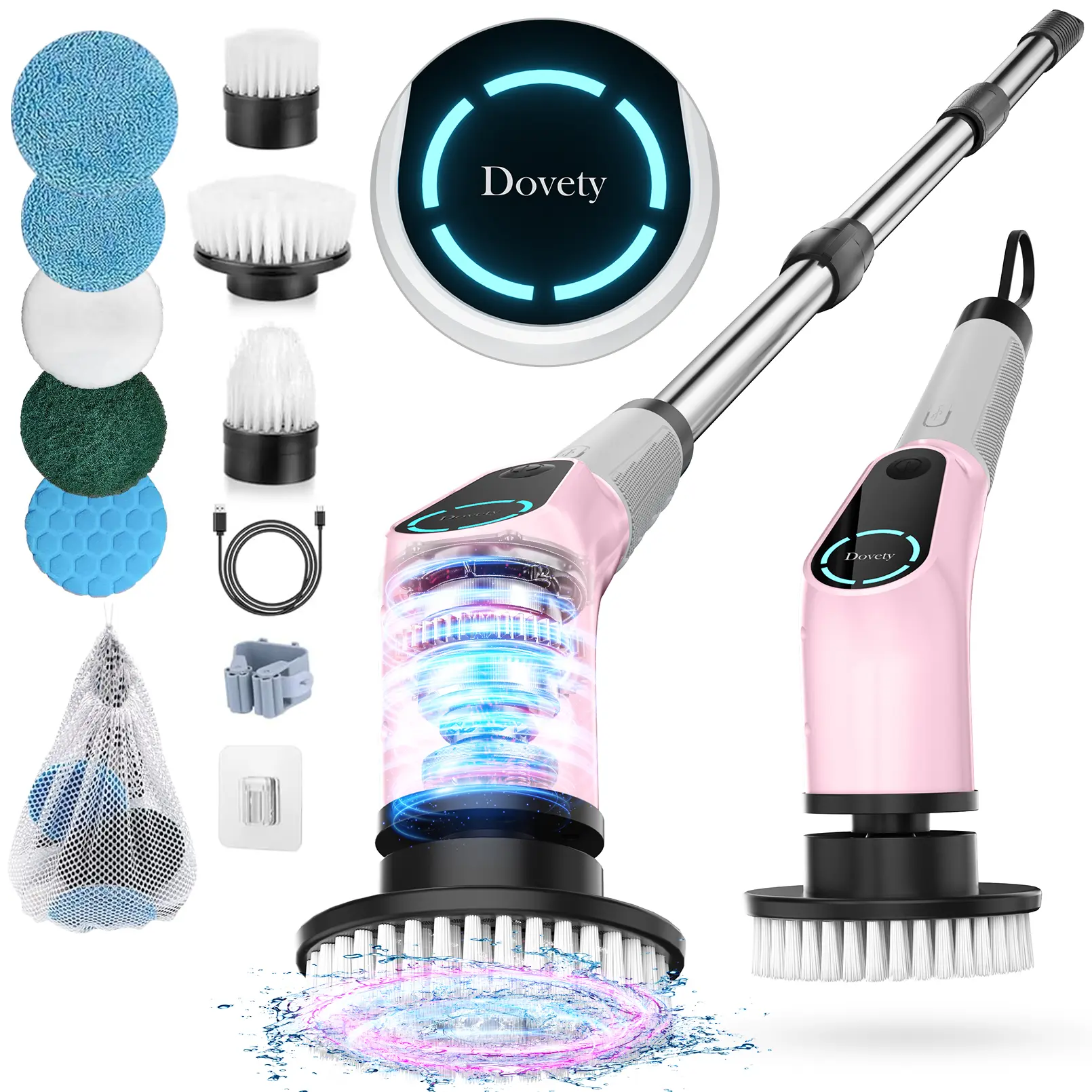 Dovety Cordless Handheld Electric Spin Scrubber - Powerful Cleaning Tool with 4 Replaceable Brush Heads, 3-Adjustable Extension Handle, 2 Adjustable Speeds, Battery Display, Rechargeable for Bathroom, Kitchen Cleaning Supplies, Cordless Handheld Scrubber
