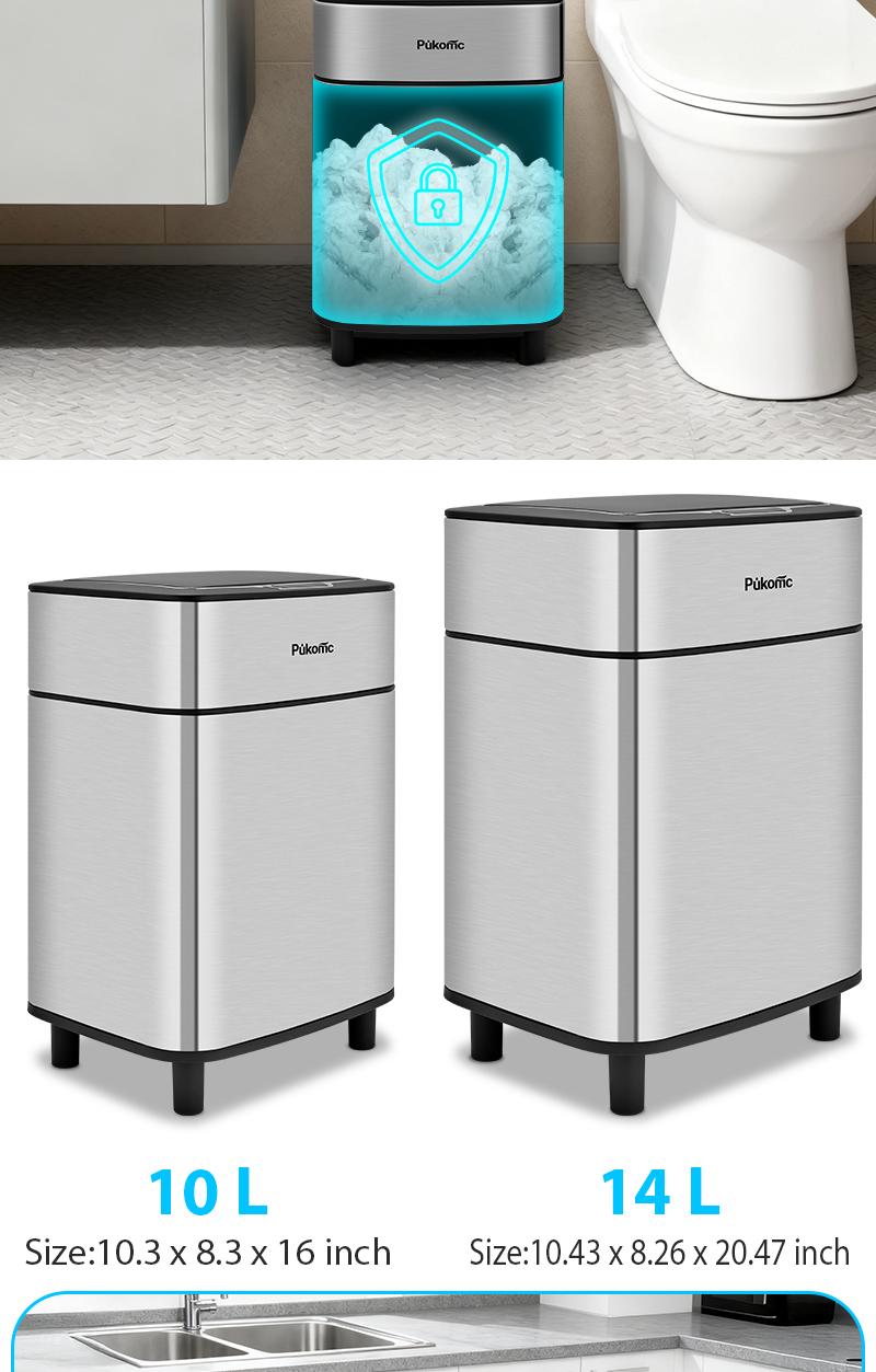 Pukomc Stainless steel 2.7Gal smart sensor trash can by Pukomc – auto-open rectangular bin for kitchen, bathroom & office.