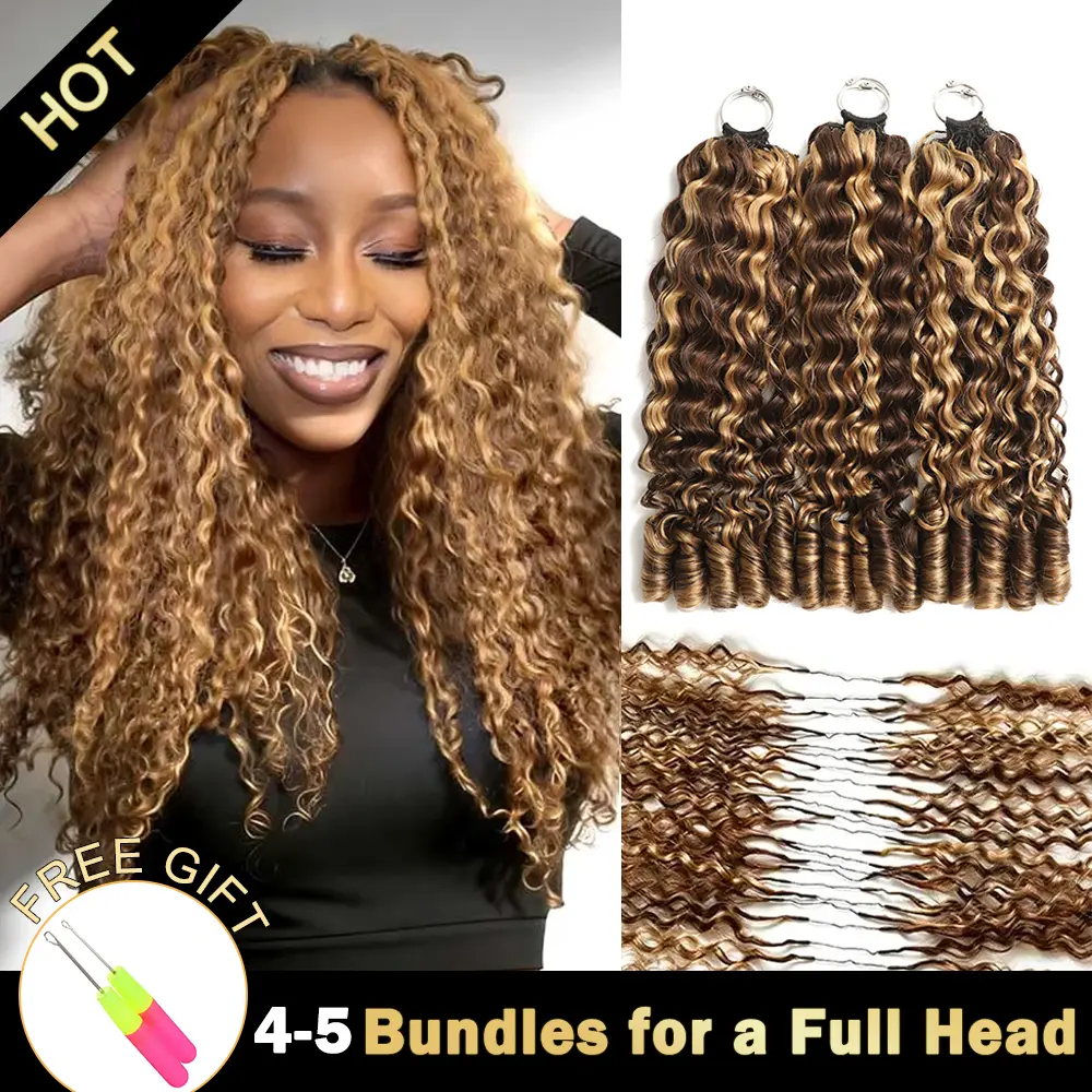 New 2026 Highlight Ombre Ramiss Burmese Curly Honey Blonde 4/27 Crochet Human Hair Pre-Separated 50g/Pack Time-Saving, 40 Strands/Pack Mircale Knots,4-5 Packs for Full Head Protective Styles Light Weight No Tension Reusable Feather Crochet DealsForYouDays
