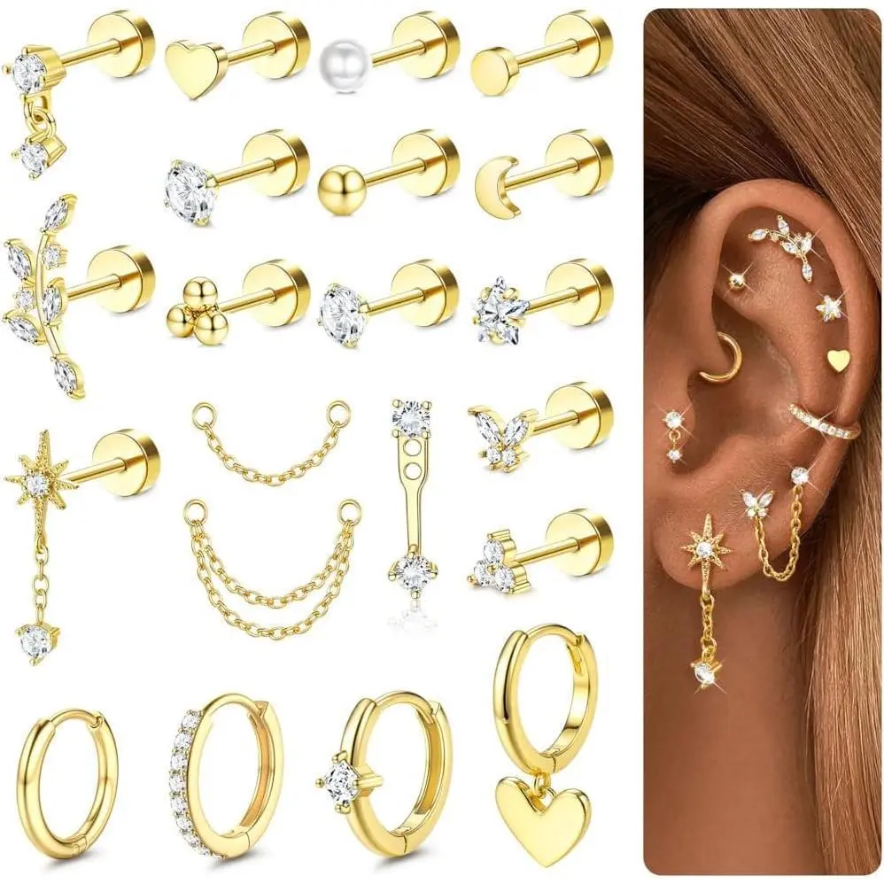 CASSIECA 21Pcs Trendy Jewelry Earring Stacking Set - Dainty Surgical Steel Accessories for Women with Zircon Gems, Gold-Silver Hoops, Studs, Helix Piercing Options for Cartilage, Tragus, Conch Summervibes