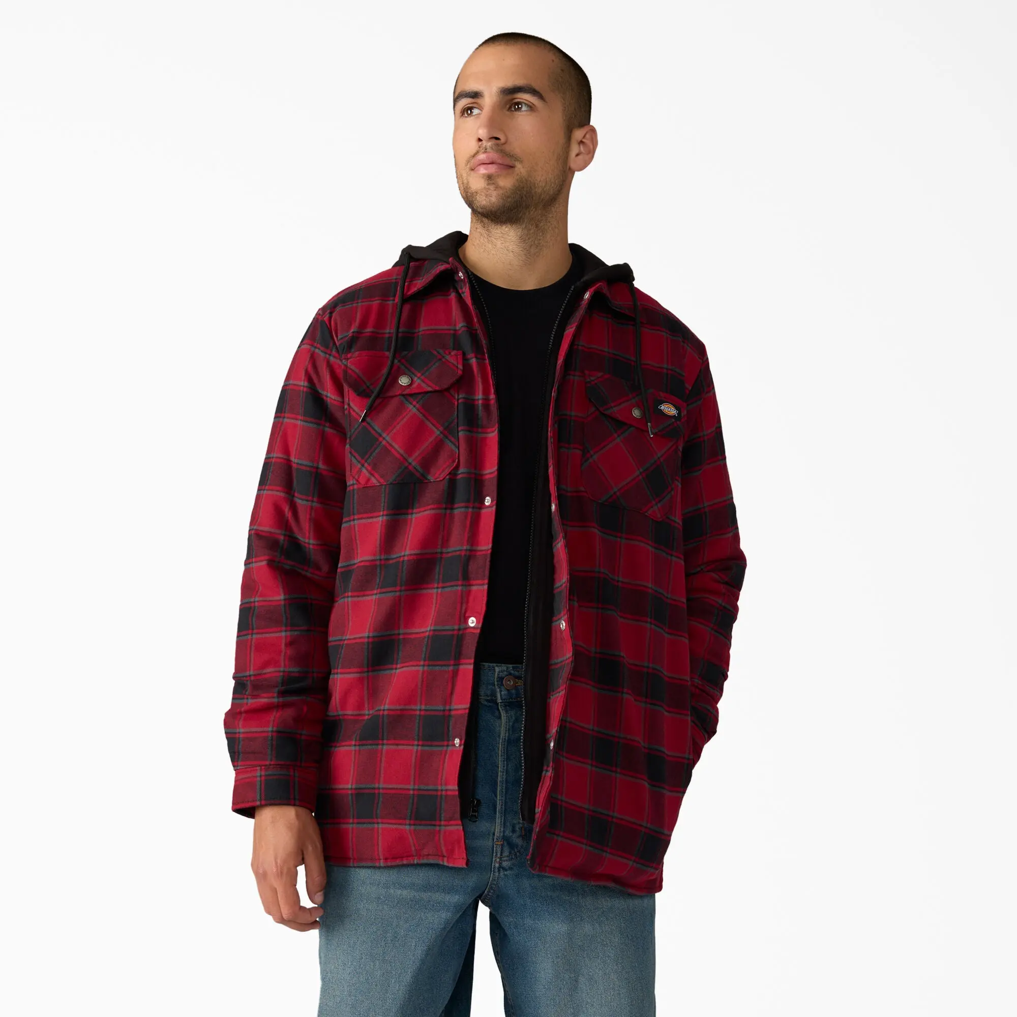 Dickies Menswear Water-Repellent Fleece Yarn Flannel Hooded Shirt Jacket - Warm, Comfortable, Multiple Pockets, Classic Workwear Layered Tops