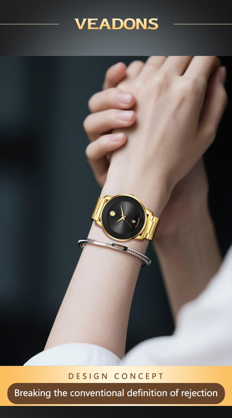 Luxury business quartz watches for ladies and gentlemen, featuring solid stainless steel straps, calendar function, and water resistance. With a minimalist design, they are elegant and durable, suitable for daily wear.