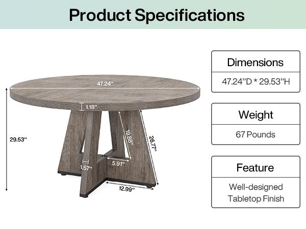 LITTLE TREE Round Dining Table for 4-6 People, 47 Inches Dining Room Table with Wooden Pedestal Base, Grey Dinner Tables, Circle Kitchen Tables for Dining Room, Kitchen, Living Room