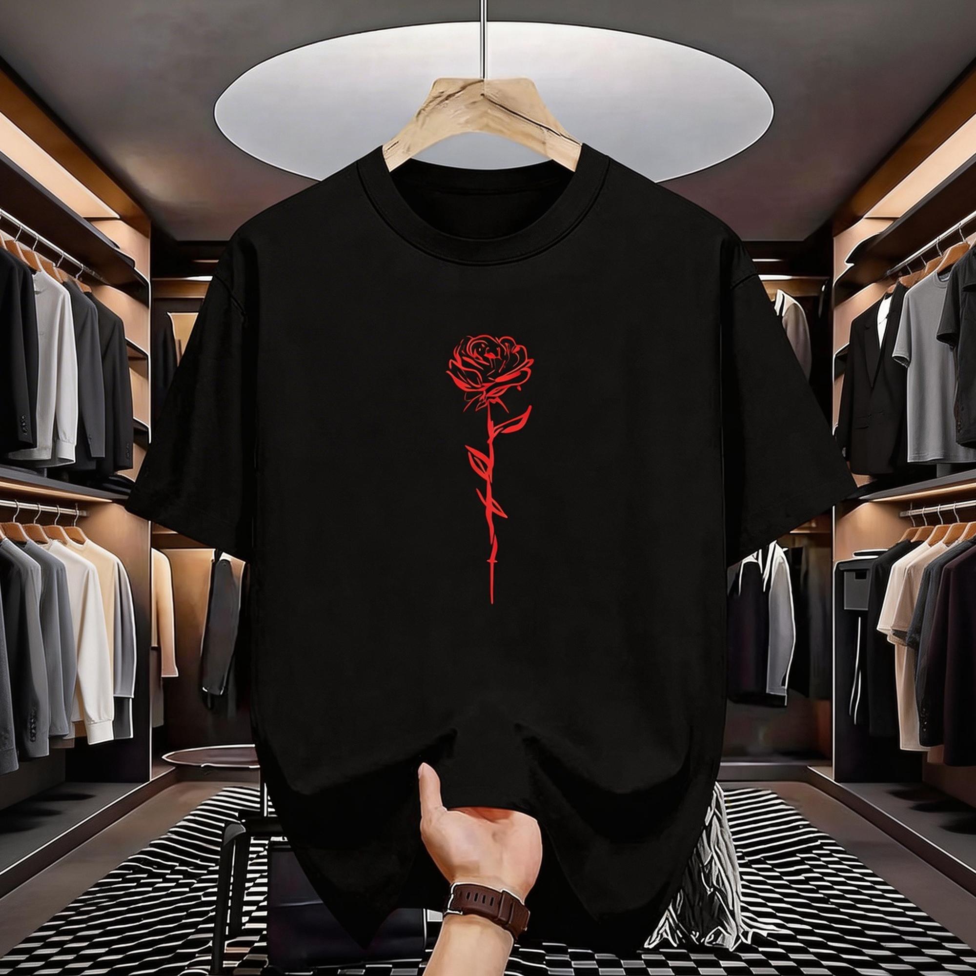 Spring Summer Couple Street Style Red Rose Line Art Print Loose Crew Neck Short Sleeve T-Shirt