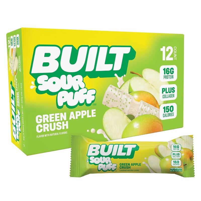 Built Bar, Sour Puff Protein Bars, Green Apple Crush, Collagen, On-the-go Snacks, Sour Candy Snack, 12 Pack