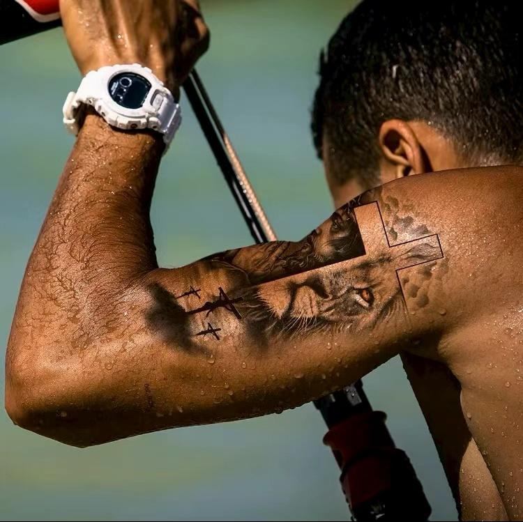 36 Sheets Large Black Temporary Tattoo Stickers with Tribal Wolf Tiger Lion Skull Designs for Men Women 12 Big & 24 Tiny Fake Tattoos for Arms Chest Shoulders