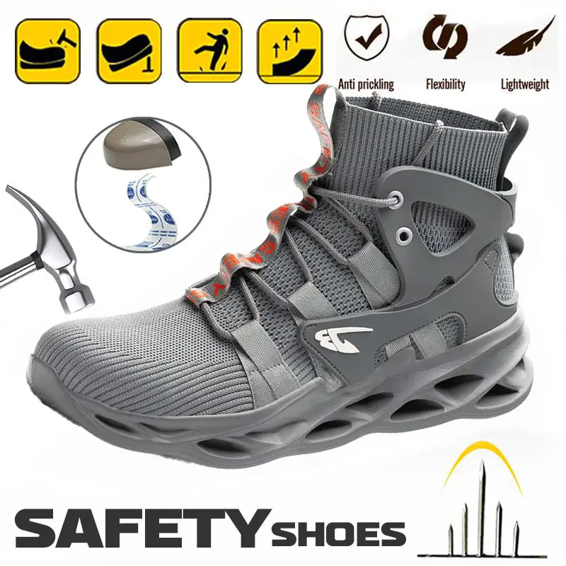 High-top Breathable Anti-crushing Anti-piercing Steel-capped Work Safety Shoes non-slip labor protection Workout Sneakers Closed