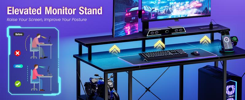 48 inch Gaming Desk with LED Lights & Power Outlets, Computer Desk with Monitor Stand & Storage Shelves, CPU Stand, Home Office Desk 48 inch Gaming Desk with LED Lights & Power Outlets, Computer Desk with Monitor Stand & Storage Shelves, CPU Stand, Home Office Desk