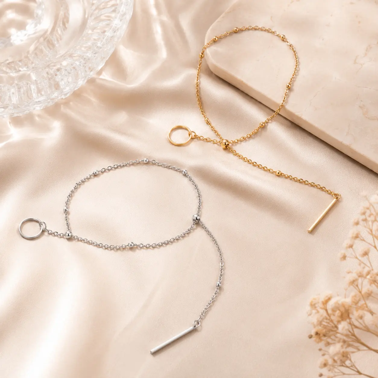 Women's Plated Alloy Hand Chain Bracelet - Dainty Minimalist Single/Double Finger Ring Bracelet with Adjustable Fit, Slender Bar Drop, Elegant Everyday & Date Night Fashion Costume Jewelry Gift