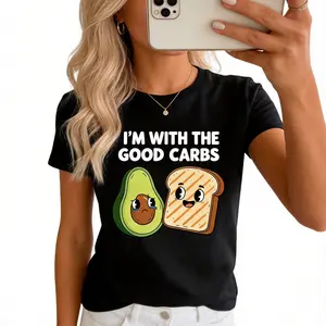 "I'm With the Good Carbs Tee Funny Avocado & Toast T-Shirt Cute Food Graphic Trendy Oversized Fit Perfect Gift for Foodies 100% Pure Cotton Women's Top - Womenswear