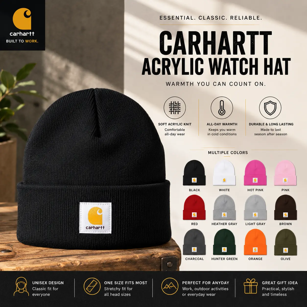 Carhartt Acrylic Watch Hat Beanie for Men Women Warm Knit Winter Cap Stretch Cuffed Skull Beanie Soft Comfortable Outdoor Workwear Hat Cold Weather Casual Streetwear Everyday Fashion Adult One Size Gift Idea