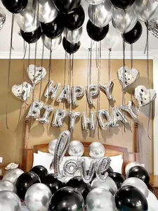 Silver Happy Birthday Letter Balloons with Black and Silver Balloons for Adult Birthday Party and Photo Backdrop Decor