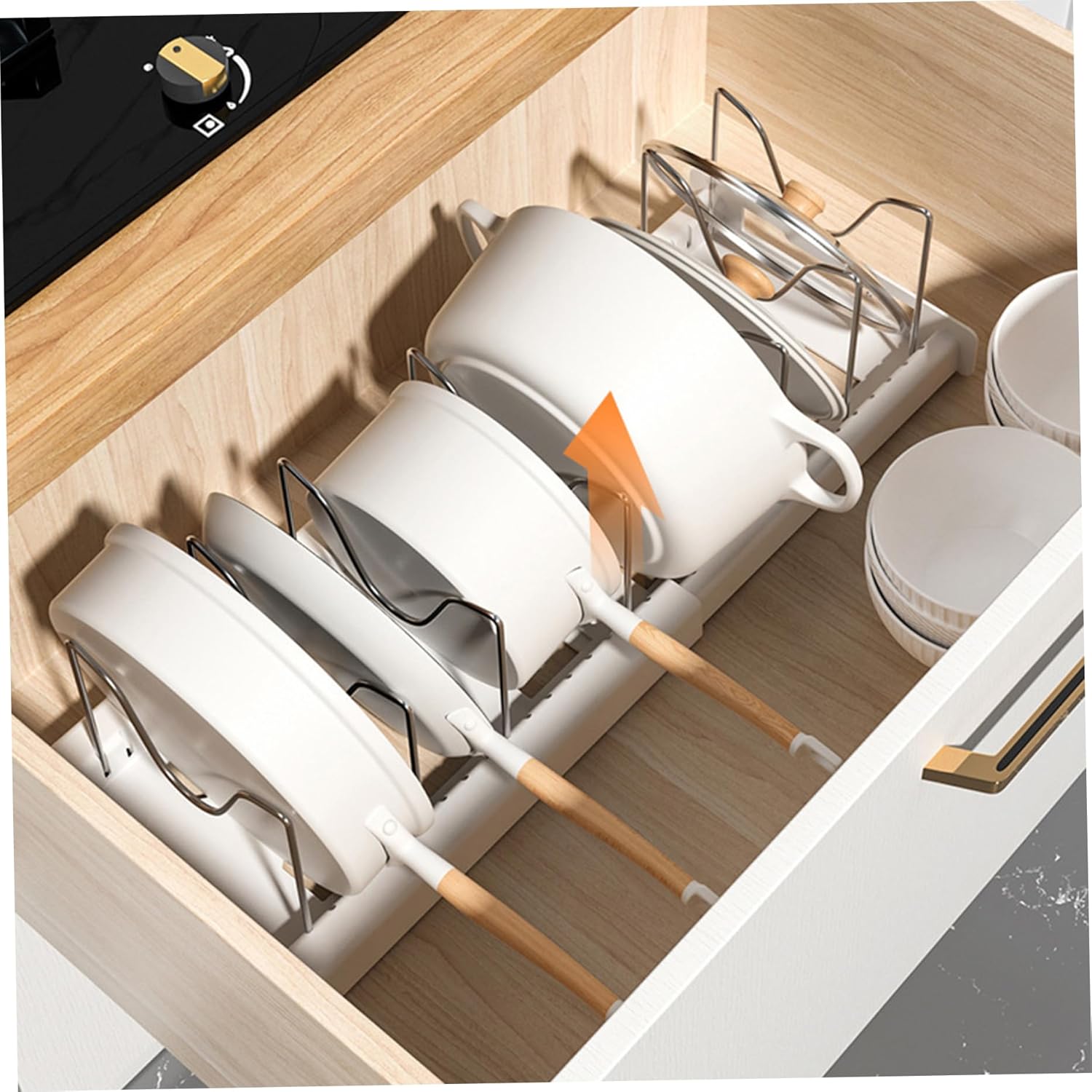 Pull Out Pots and Pans Organizer Under Cabinet, Expandable Sliding Lid Holder and Pan Rack for Kitchen, Slide Out Inside Cabinet for Pot Lid, Bakeware, Dishes, 7 Adjustable Dividers, 1 Pack White