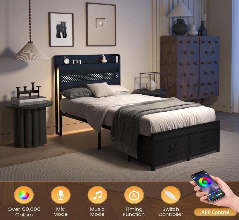 SMART BED FRAME ALERT! ️ Twin Size Bed Frame with Storage Drawers, RGB LED Lights & Charging Headboard – Platform Bed, No Box Spring Needed | Modern Bedroom Furniture for Teens, Kids, Adults | Space Saving, Black Metal Frame, Under Bed Storage & USB Ports